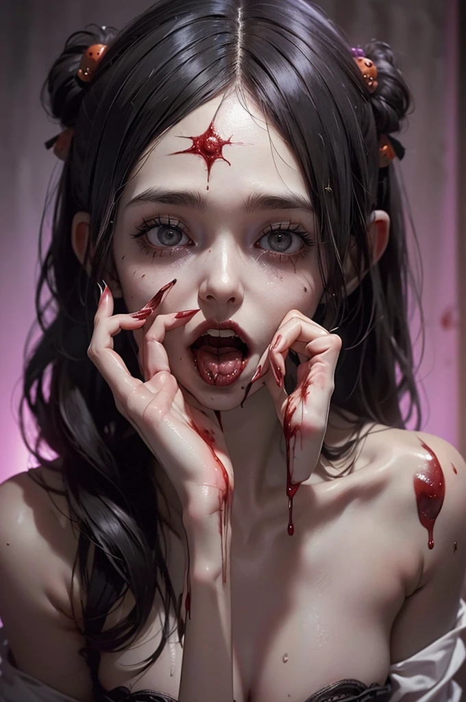 (Best Quality),Highly detailed,Super detailed, 1 girl, (beautiful girl),((Baby Face)), ((High school girl)), (Dark atmosphere), (Dim lighting), (( sexy)),( small breasts),Black Hair, bob cut, (Completely naked), Halloween, (( zombie cosplay)),(((Zombie Makeup))),(((Bloody, My body is covered with blood ))),(((血とsemenで全身がドロドロ))), (( pink nails for )), ((Masturbation)),(( sex, sexual behavior, standing back)), (fellatio), (semen), ( tit zuri ),( happy expression), ( Seductive Expression), (( ecstatic expression)),((Facial,Being ejaculated on the face)),((happy tears)),(口の中にsemenが溢れている)