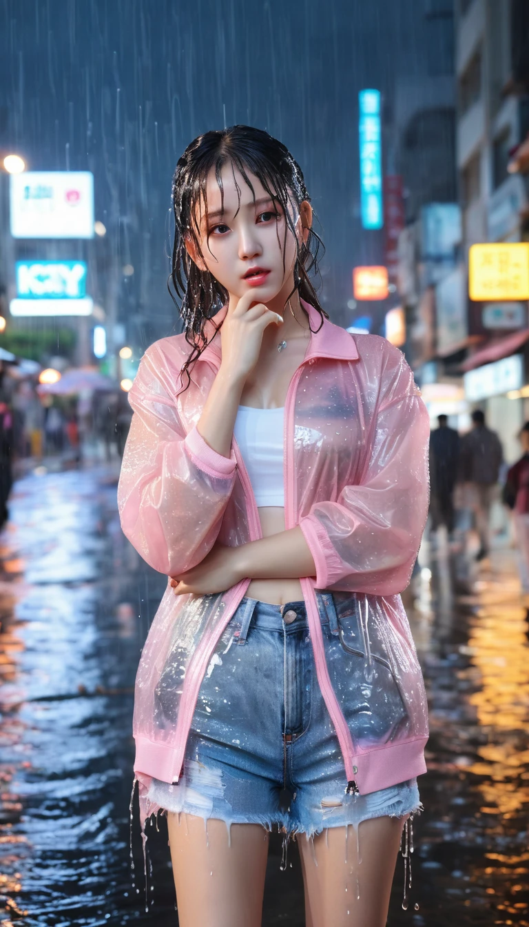 (8k, RAW photo, best quality, masterpiece:1.2), (realistic, photo-realistic:1.37), omertosa, 1girl, (Kpop idol), (aegyo sal:1), cute, cityscape, rain, wet, see-through clothing, wet hair, (blush,embarrassed,aroused:1.1), professional lighting, photon mapping, radiosity, physically-based rendering,,  