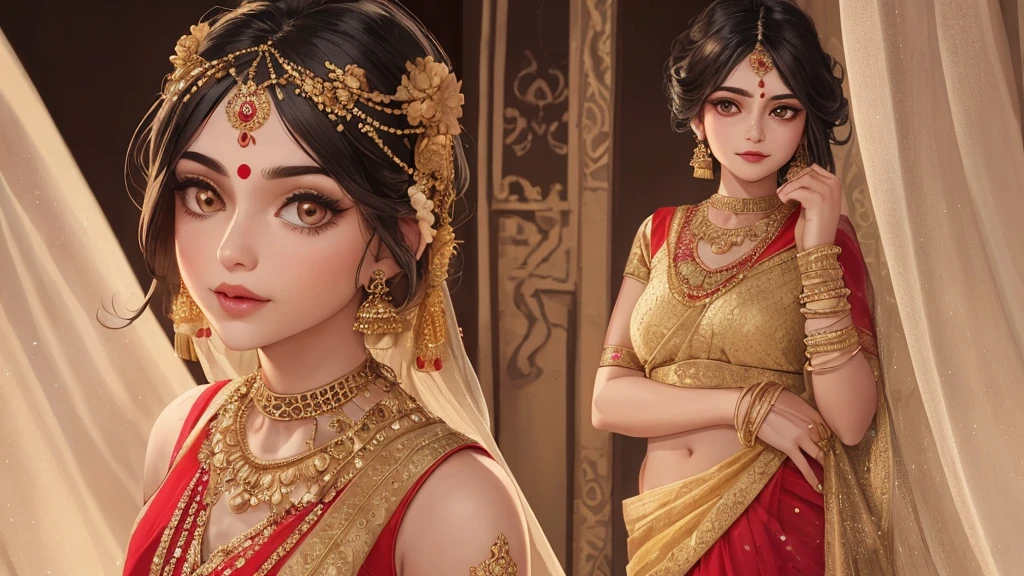 wife is A young woman from ancient India, wearing a vibrant saree with intricate gold embroidery, adorned with traditional jewelry, including a delicate bindi and gold nose ring. She has expressive, large eyes and a serene but ambitious look on her face, revealing inner thoughts. Her posture and gaze convey both grace and hidden intentions