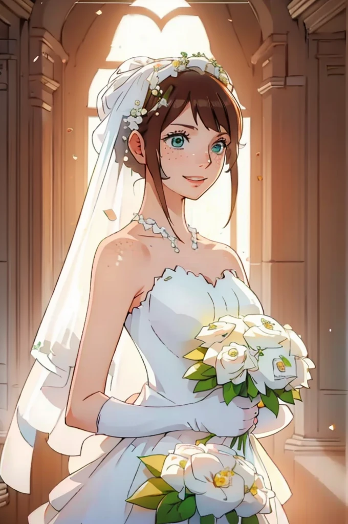 A young woman with brown hair, green eyes and freckles, smiling softly. She is wearing a white wedding dress and a white veil, holding a bouquet of white flowers. The light in the environment highlights her, creating a warm glow around her, contrasting with the darker, semi-shadowed background. Her expression is joyful and serene, with a sense of elegance and peace. The atmosphere feels intimate and romantic, with soft lighting that enhances the beauty of the scene.