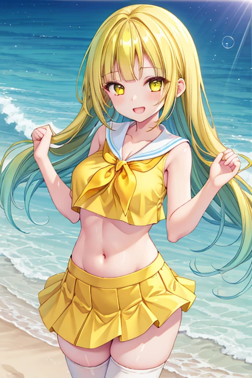 ((Highest quality)), ((masterpiece)), (detailed), Adult female、Golden twin tails、On a sunny beach、Slightly backlit、are exposed、Ruffled mini skirt、Big thighs、Nipples erect、Sexy pose、looking at the camera、Red cheeks、Embarrassed expression、Sweat a lot、