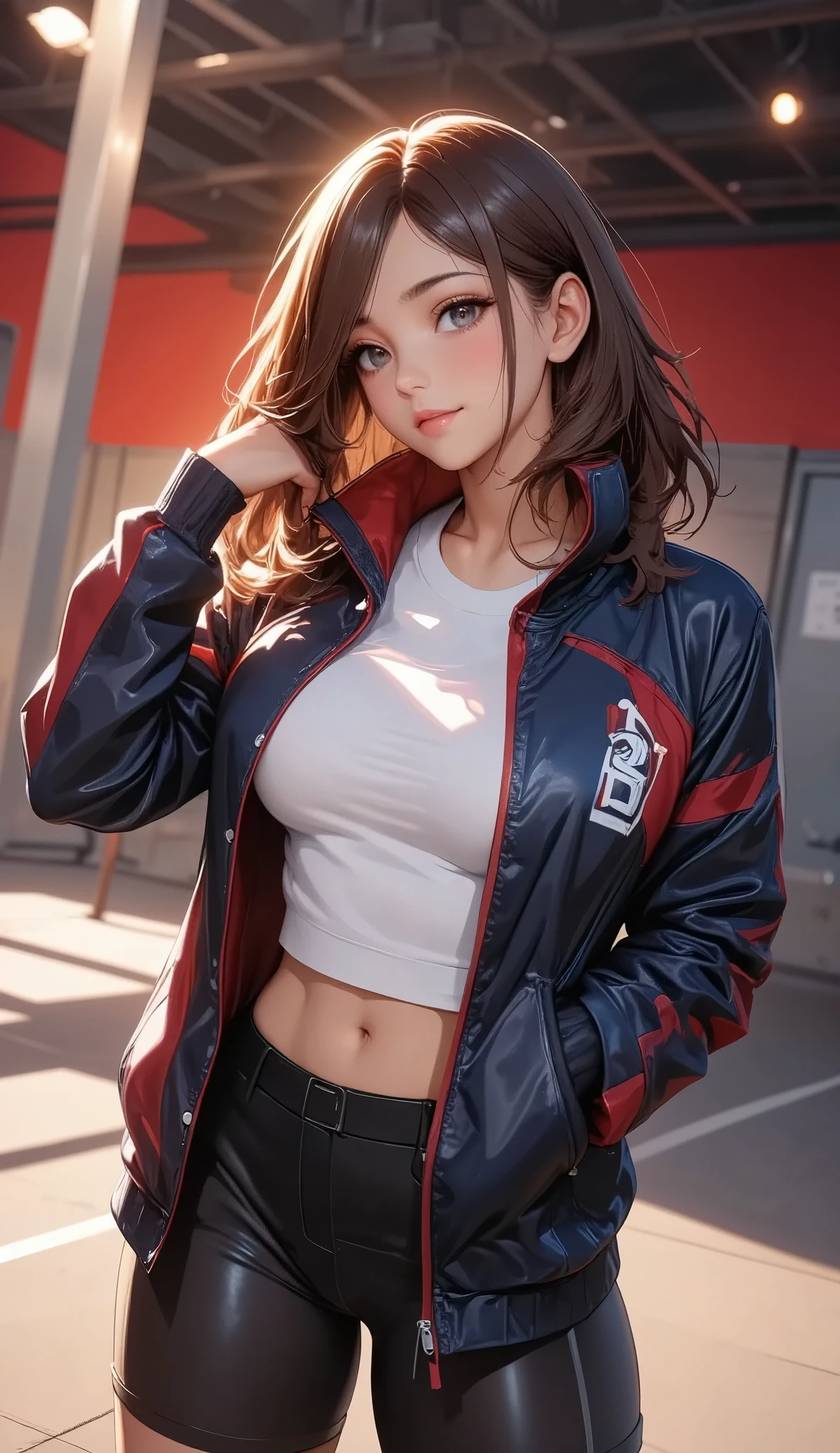 masterpiece,best quality, 1girl,solo,haru urara,gym uniform,jacket, shirt,red buruma, fingerless gloves,flat chest,smile,living room,window,,(bandaid on leg:0.5)