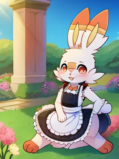 Scorbunny Pokémon, s.Iris,Garden Background,black pupilsフルボディ,Maid