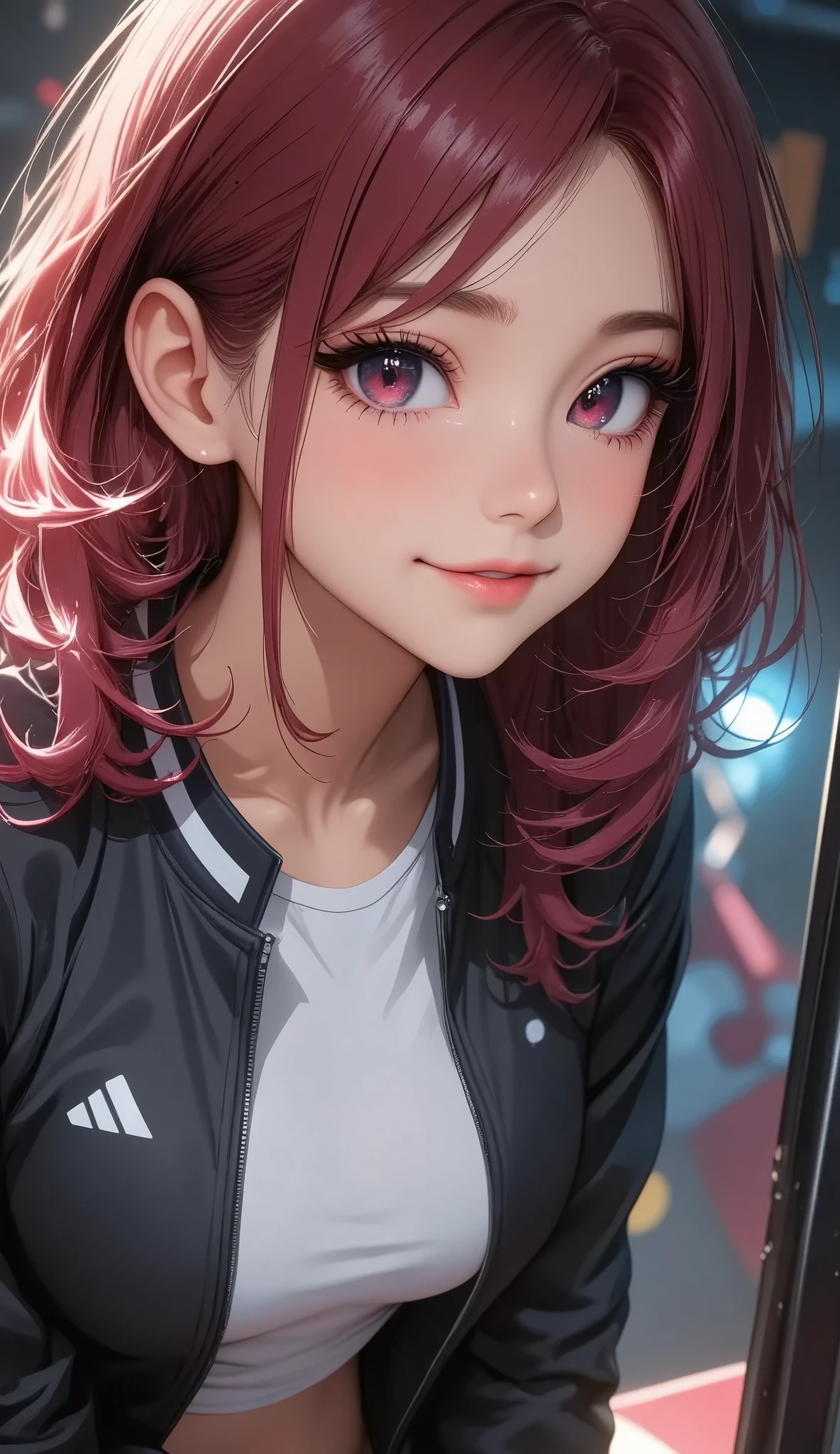  1 girl, Female student,  Posing at the Gym ,  is standing, smile,  Beautiful Eyes in Every Detail , Beautiful lips down to the last detail,  Extremely Fine Eyes and Face ,  long eyelashes , sportswear jacket, white round neck shirt , wearing vermilion bulma:1.2, anime:1.2, CG illustration,  intricate details,  cinematic lighting ,  Soft Focus :1.2,  bright colors, Soft bokeh background ,  digital art,  concept art style , masterpiece.