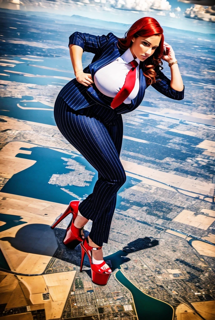 A sophisticated and stylish woman in a blue pinstriped trouser suit, white smart shirt, and a large thick paisley necktie in a windsor knot, with a beautiful, curvaceous figure, massive breasts, and long wavy bright red hair, with a curvaceous figure and massive breasts. wearing rounded platform high heels with uncovered feet, standing in a rampage-like pose, with a cityscape background of mega-city, urban sprawl, and small towns, giant montains, partially obscured by a hazy, cloudy atmosphere. The image is a high-resolution, masterpiece-quality, cinematic, ultra-detailed, and hyper-photorealistic photograph, with perfect hands, face, and lighting. ultra-detailed, 8K, photo-realistic, hyper-realistic, masterpiece, intricate details, full body view. Looking at camera, The image is a high-resolution, masterpiece-quality, cinematic, ultra-detailed, and hyper-photorealistic photograph, with perfect hands, face, and lighting. ultra-detailed, 8K, photo-realistic, hyper-realistic, masterpiece, intricate details, full body view