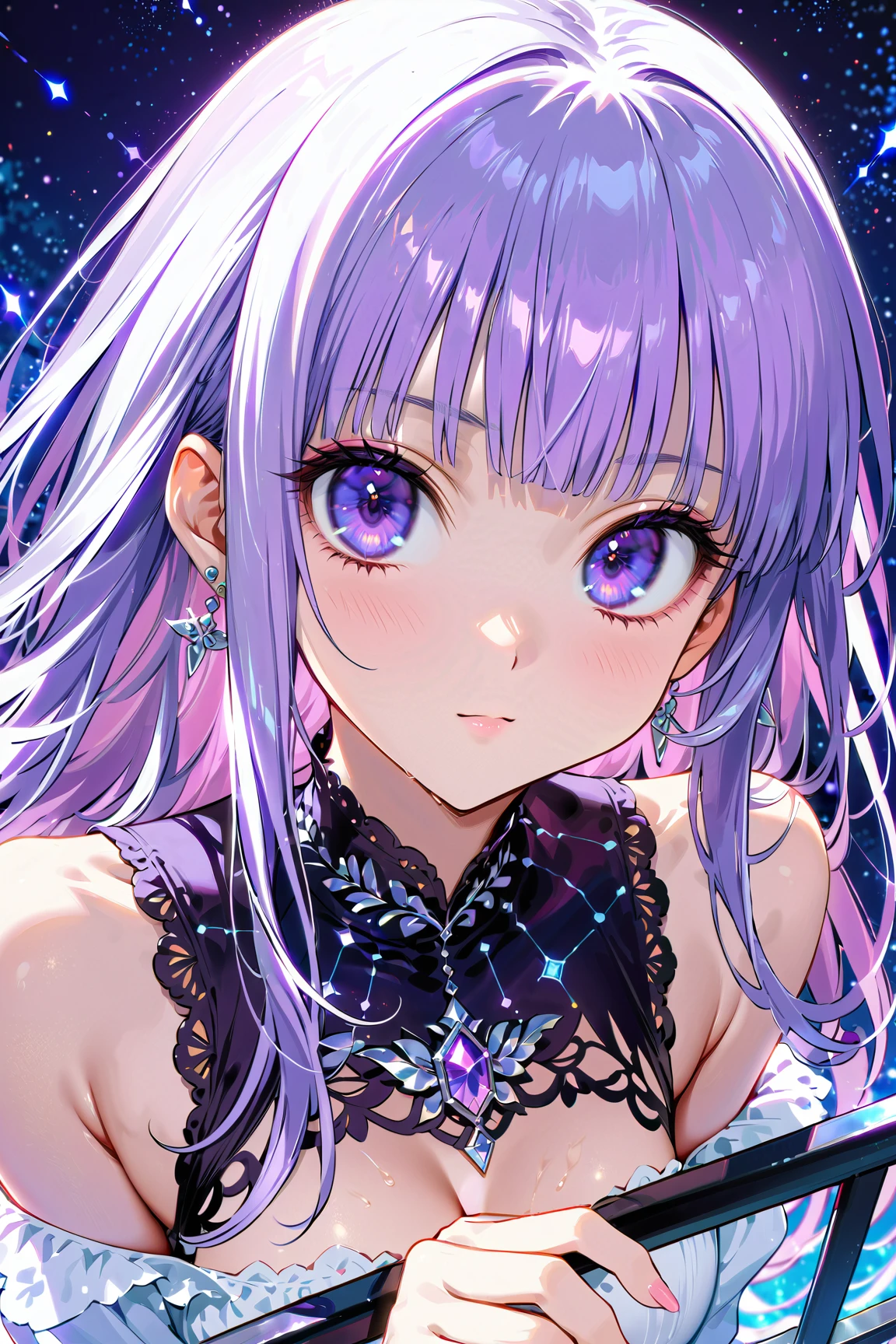 masterpiece, best quality, ultra-detailed, illustration, , , 1girl,solo, image body, flower, looking at viewer, , , purple eyes, jewel-like eyes, extremely detailed eyes, extremely detailed face,, , star (sky), constellation,  purple energy,  railing, meteor