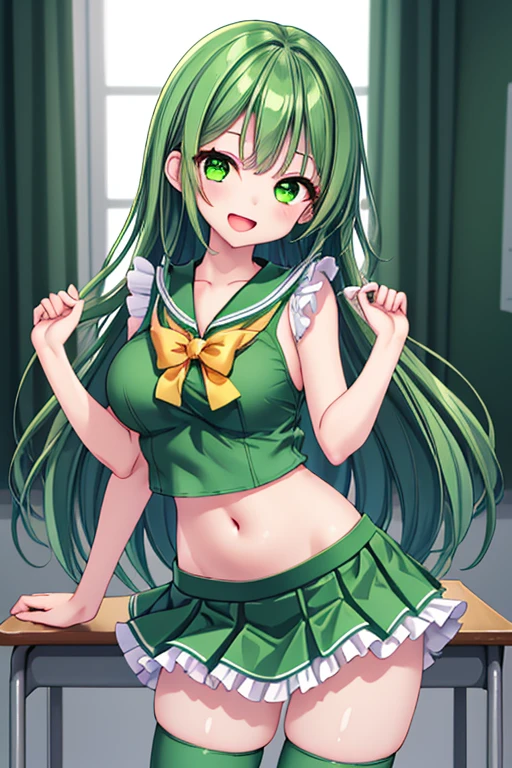 hot、Sigh, Very large breasts, squat,Spread your legs、Hands behind head、Green hair twintails、Cheerleader、mini skirt、Very wet、Composition looking up from a little below.、Simple Background、White panties、blush、Knee-high socks、