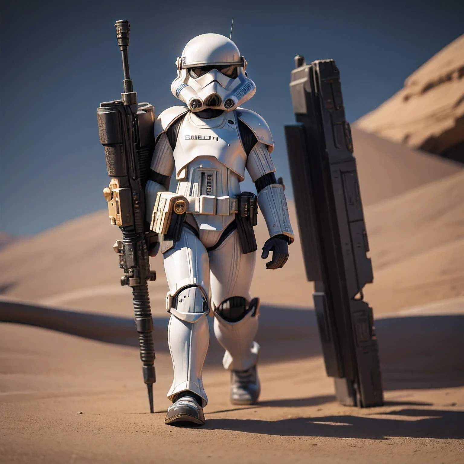 Miniature photograph of a Stormtrooper with Star Wars weapon walking through the desert leaving footprints in the sand cinematic dramatic lighting, blurred desert background.