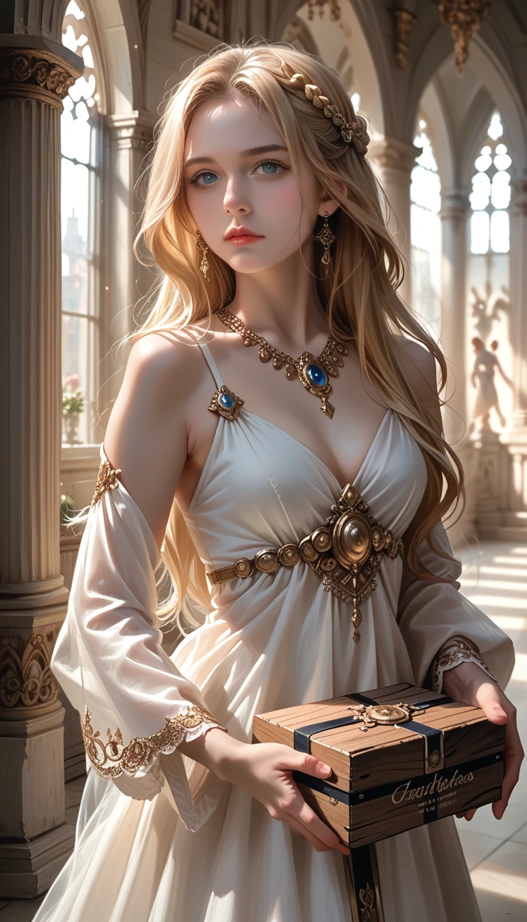 detailed portrait of a beautiful young woman, greek goddess pandora, long blonde hair, cute, holding a black wooden box, greek mythology, elegant dress, detailed facial features, palace corridor, night, darkness, realistic, photorealistic, ultra-detailed, 8k, best quality, masterpiece, dramatic lighting, warm color palette, intricate ornate jewelry, dramatic pose, ethereal atmosphere