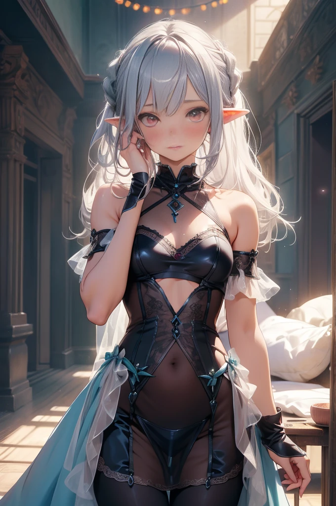 Short Hair、whole body、Black background with spotlight, Long eyelashes, black tight dress、beautiful girl、Raise your arm and show your armpit.,Pointed Ears、Elf、Silver Hair、blue eyes、編み込みのShort Hair