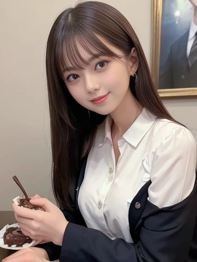 ((Top quality, 8K, Masterpiece: 1.3)), Beautiful girl, Pure, Melon face, Kind and cute, Sweet smile, Pure desire, Slender body, (Front), (Tilted head), ((Looking at camera) ), wearing suits of various colors, long black silky hair, long flowing shoulders, round black big eyes, clear big eyes, moist red lips, sweet, sitting on a chair, in the afternoon cafe. Background, (((waist shot))),