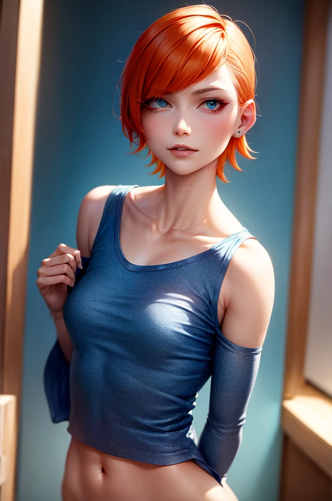 gwen_tennyson, short orange hair, cropped short and accented with a small blue hair clip. Bright green eyes. She wore a loose blue long-sleeved t-shirt, tucked into one shoulder to reveal a seductive, childlike neckline,