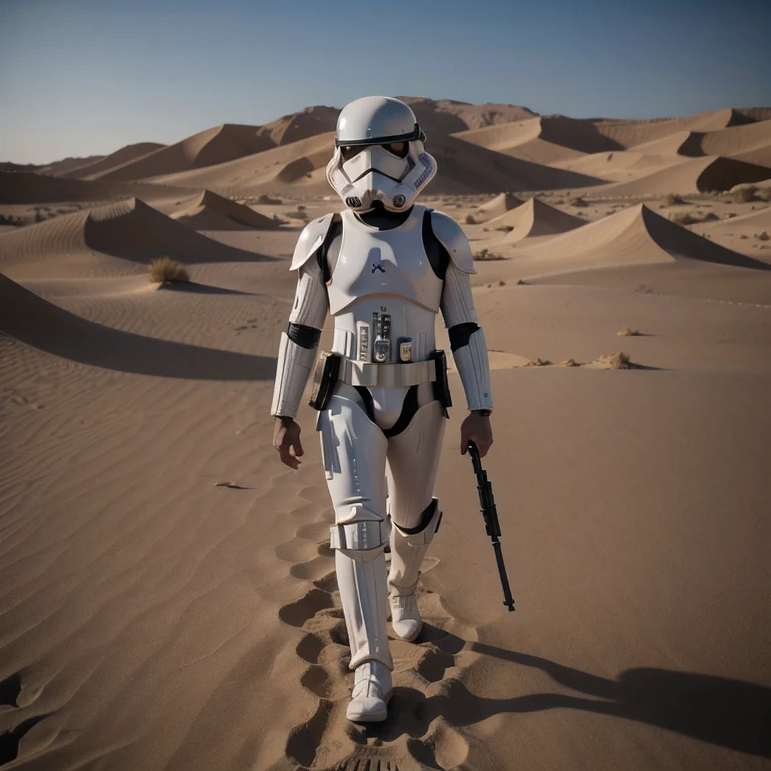 Miniature photograph of a Stormtrooper with Star Wars weapon walking through the desert leaving footprints in the sand cinematic dramatic lighting, blurred desert background.