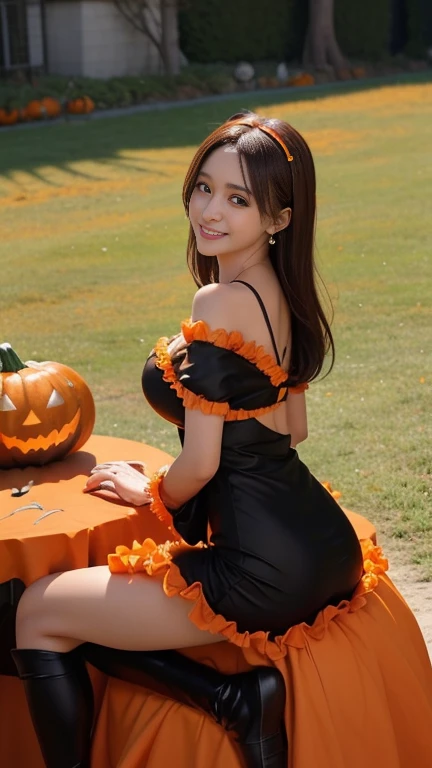 ((Posing in Witch Cosplay、Halloween、Jack-o'-lantern))、depth of fields，Real Light，Ray traching，OC Renderer，UE5 Renderer，Hyper-realistic，best qualtiy，8K，Works of masters，super-fine，Correct anatomy、Asian Women, (8K、RAW Photos、top-quality、​masterpiece:1.2)、(realisitic、Photorealsitic:1.37)、25-years old、女の子1人、light brown hair、详细的脸、Detailed lips、detailedeyes、(huge-breasted:1.5)、Alafed Women、Happy smiling face、Multicolored Candy Bags、Western Pumpkin、full-body view、