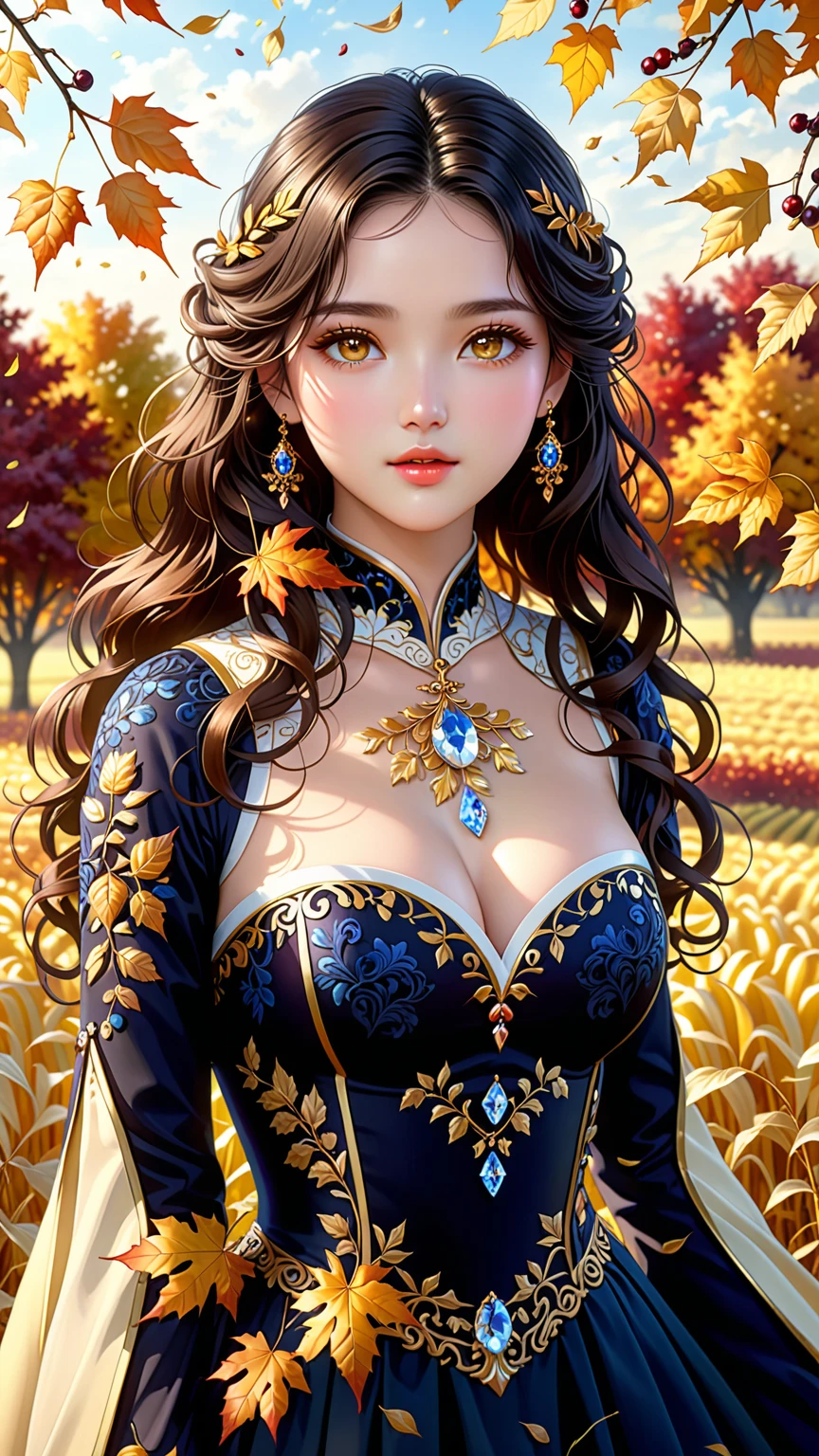 A Masterpiece In 32K Resolution, Supreme Quality, Super Detail, Official Art, Cinematic Lighting, Beautiful And Aesthetic, Ultra-Detailed Features, Very High-Resolution 32K Wallpaper. A Girl With Crystal-Textured Skin, A Cold Look, And Smooth Movement, Adorned With An Attractive Pattern And Dressed Sensually To Highlight Her Ample Breasts. Gentle Breeze, Scattered Leaves, Autumn Landscape Background, Porcelain Texture Skin, Soft And Mysterious Look, Black Hair, Curly And Voluminous, Hazel Eyes, Elegant Stance, Intricately Delicate, Golden Fields, Stunning Eye Details, Fine Detailing, Cinematic Lighting, Charming Expression, Calm Orchard Surface, Original Portraits, Super Detailed, Incredibly Detailed, An Ethereal And Serene Beauty, Gorgeous Eyes, Upper Body, Gazing Ahead, Mystical, Full Body, Front View.