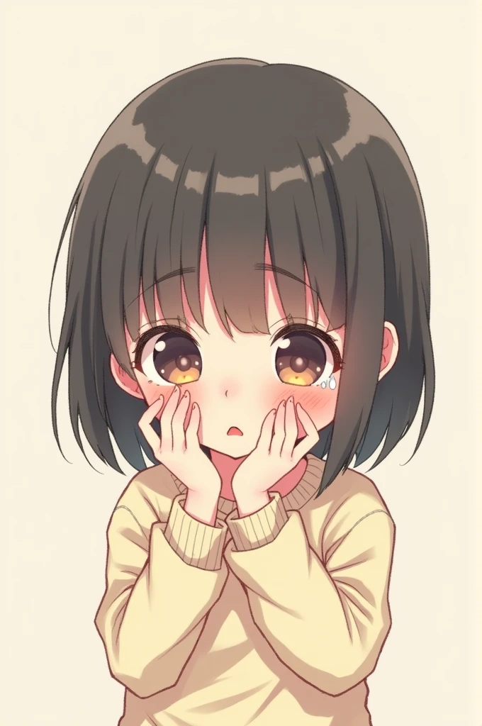 Create an image of a girl who is surprised, with wide, bright eyes, covering her mouth with both hands in shock.