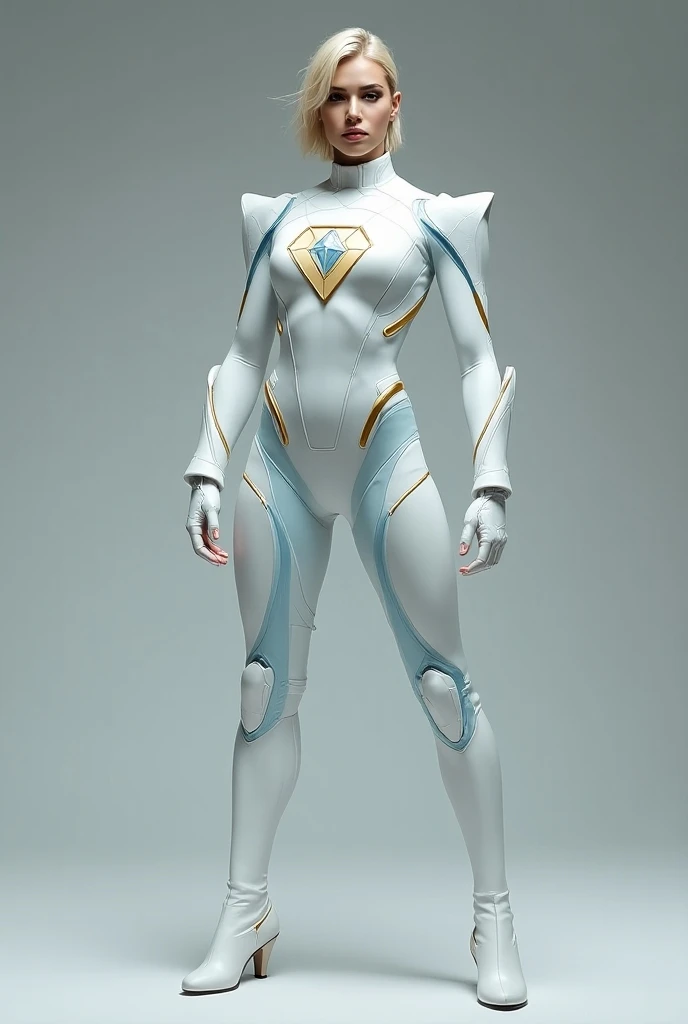 "Generate a superhero character with a dynamic and striking appearance. The superhero's suit is predominantly pearl white with accents of crystal blue. The hand gloves are a blend of crystal blue and golden, adding a bold contrast. The boots are light black, balancing the overall color scheme. At the center of the suit, there is a small, shining 'V' letter logo in crystal blue, encased within a golden circle that gleams with a subtle shine. The superhero sports a low-faded haircut, enhancing the modern, sleek look. The character should embody power, confidence, and agility."