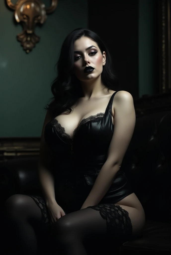 Latina_bronze skinned girl, , body view, black_short and tight dresses, black lipstick, black nail polish, black hair, gothic, goth, lowcut dress, black pantyhose, long legs, beutiful legs, black boots