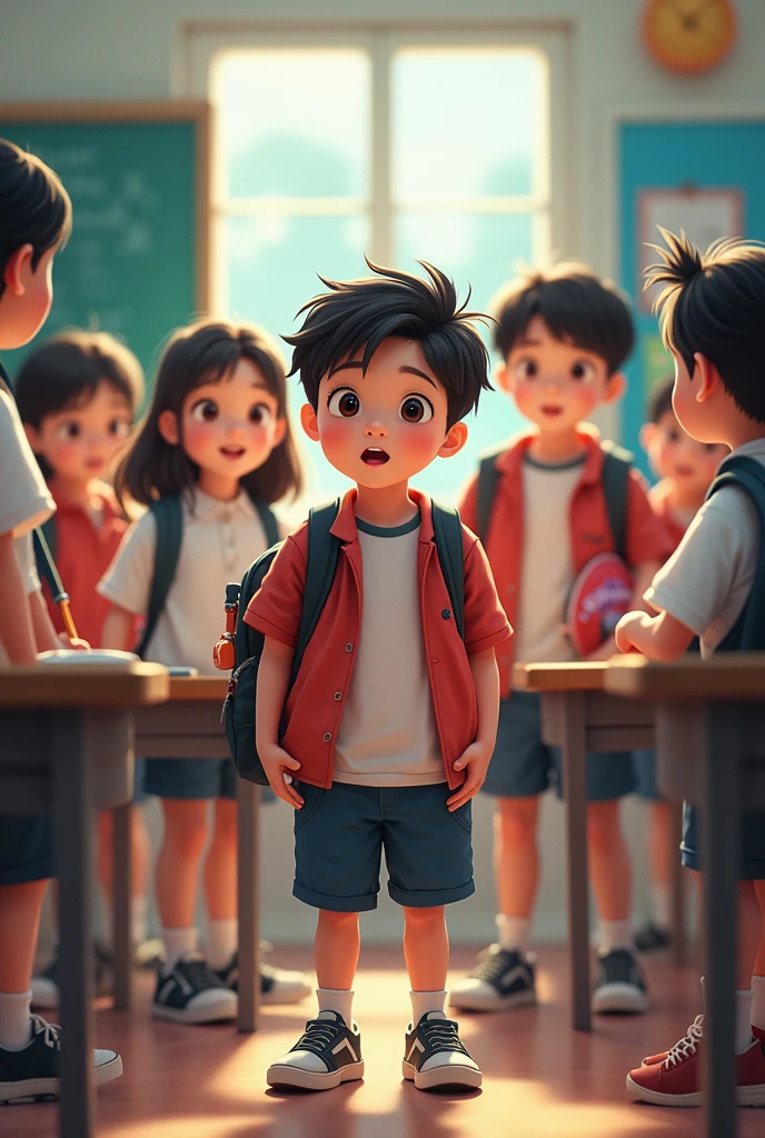 Disney pixar poster, In a class there are 10 students (6 girls and 4 boys). They are playing Uno cards, 3d animations.