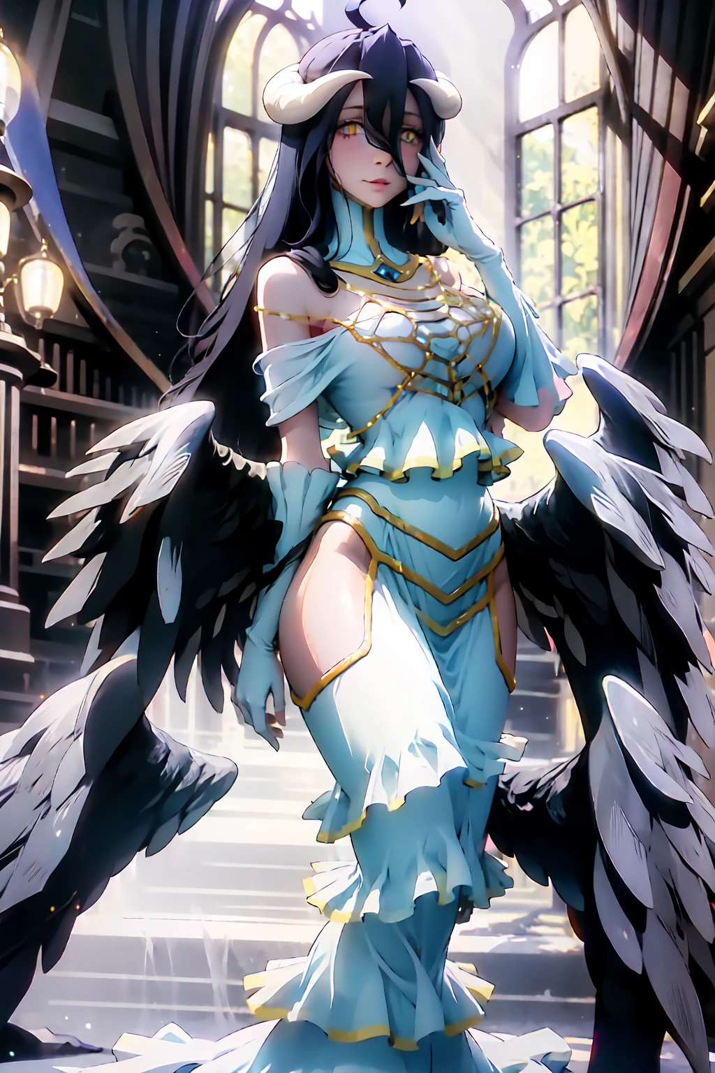 (masterpiece master) (creation, supreme) resolution, demon, red eyes, divine white dress, background in a city, mischievous, black angel halos, white demon head,full body looking at viewer,big breast,16k,super detail,detail design,cinematic lights,big breast,Brightening eyes,super detail,detail design,smile,moon,stardust night,wedding dress,blue dress