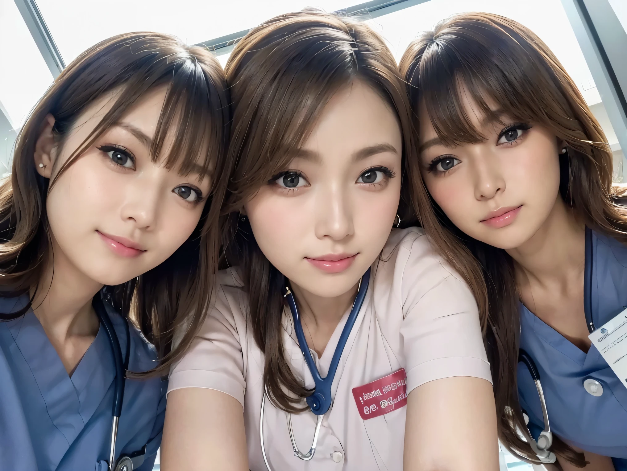 3 girls,((3 Nurses )),((Nurse pictures )),((Nurse uniform :1.25)),(( nurse cap :0.75)),(Stethoscope),illumination,( light brown hair:1.5),Long Hair,Inward curls, Sexy Faces, perfect proportions,(((masterpiece))),((Best Quality)),((Highest quality)),((Surreal)),(( fine grain image quality )),beautiful girl, look at the camera, very detailed ,beautiful,(Detailed face), attractive looks, ( gentle smile touching your head:1.25),(Round face, Distant eyes,  erotic eyes , Gentle eyelids,  gal makeup, mascara,  eyeliner  ,lips),In the hospital room,(( cowboy shot)),((Shooting from below:1.5)),((Lean forward and look down))