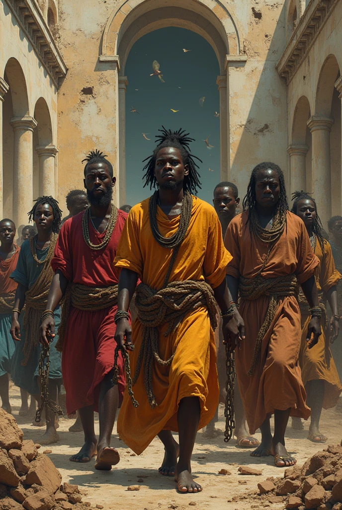 Five half-naked African slave women tied with a rope, descendant un escalier, grandes souffrance, tristesse dans les yeux, corps entier nu, no clothe, pas de coiffe, cheveux noirs, Dynamic scene from the movie Amistad, looking at the 50mm camera, Realistic photo HD, Diffuse light, Rebel Republic Environment, , hyper detailed, Whole size, Five half-naked African slaves tied with a rope, descendant un escalier, tristesse dans les yeux, Whole naked body chained with wrought iron chains, no clothe, pas de coiffe, cheveux noirs, Dynamic scene from the movie Amistad, looking at the 50mm camera, Realistic photo HD, Diffuse light, Rebel Republic Environment, , hyper detailed, Whole size, Plusieurs hommes et femmes esclaves debout, loin cloth, esclaves, Himba, corps entiers, all are chained, chaines en fer, Hands tied with a large rope, Homme africain, Enslaved humans, Screenshot of movie 300, Samuel Jackson, africain, The man has black skin, Scene from the movie Amistad, dark-skinned, pagne