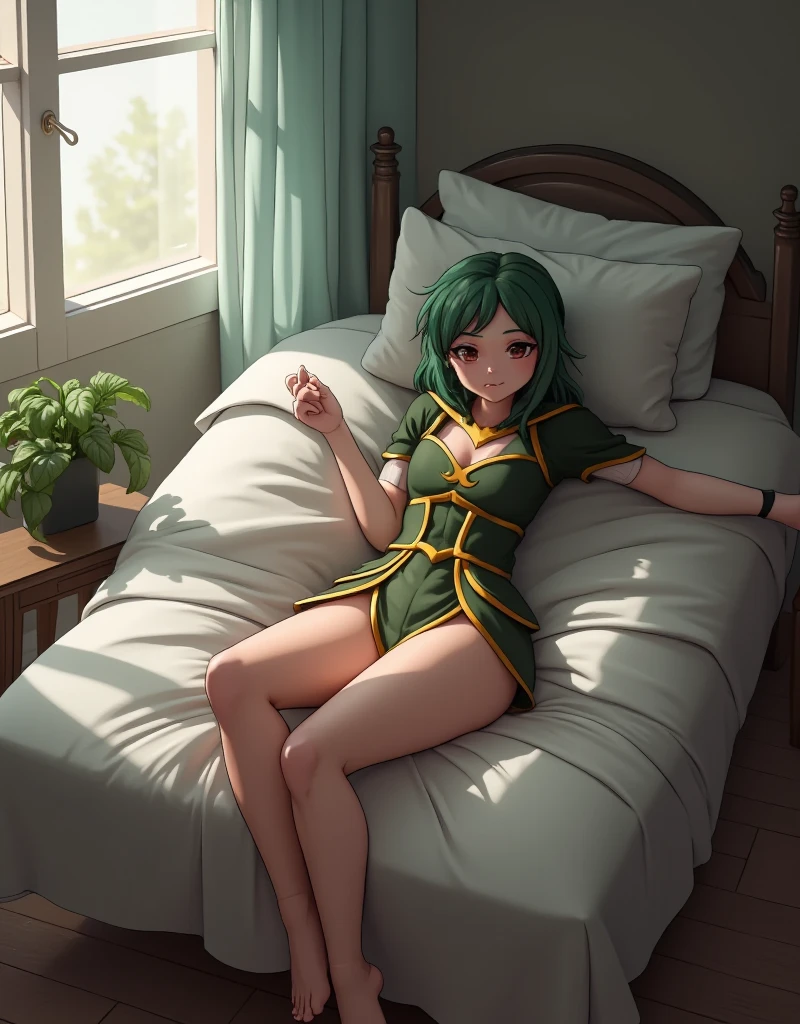 Masterpiece, best quality, 16k resolution, NVIDIA RTX Ray Tracing technology, Create a 4K resolution, ultra-realistic, and extremely detailed artwork, award winning, retina, soft light, sharp focus.
ubel, medium hair, hair between eyes, (green hair), side ponytail, purple eyes, smile, NSFW, (NAKED BREASTS:1.5), HAIRY PUSSY, PUBIC HAIR, LEASH
captivating and enticing,
STEALTH MASTURBATION
Lying, lie down, on back
indoors, fancy bedroom, window, clouds,
FULL BODY SHOT, ultra wide angle, textured skin, face detail, clean skin, perfect hands, perfect anatomy, anatomically correct