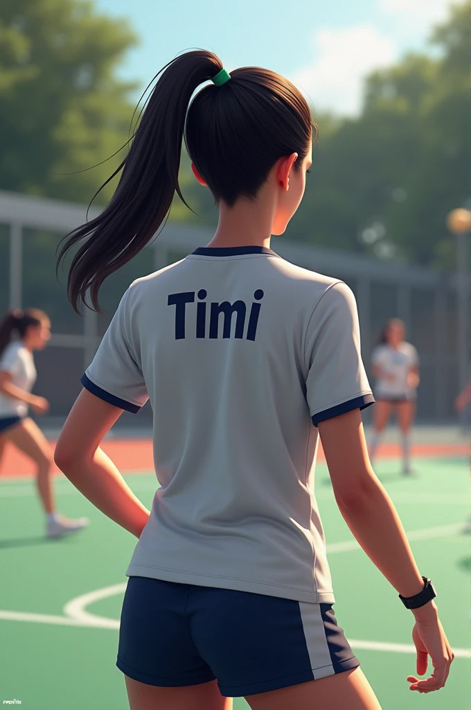 Create a Female Swimming Teacher, com cabelo liso, preto e comprido, With a stopwatch in his hand