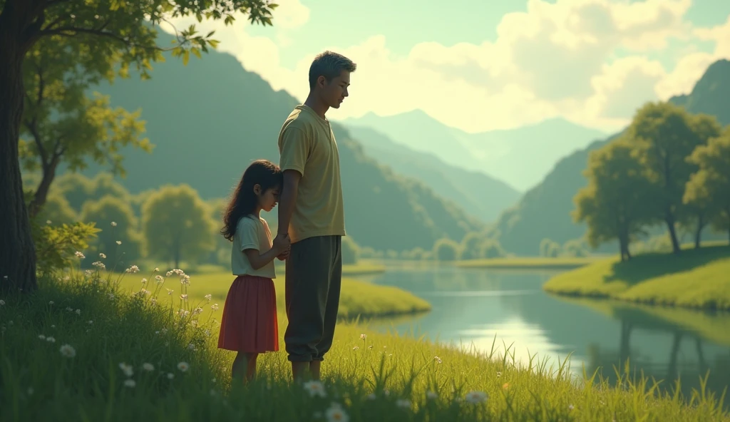 (((Clear weather and natural lighting, best quality, 8K, masterpiece: 1.3)) , garden, Green Forest, fountain and flowers, Happy family, Father and Mother, son and daughter
