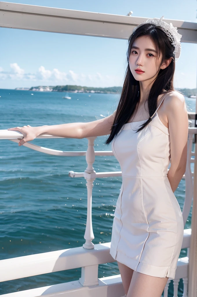 Full body shot, From Side, (8K, Raw photography, top-quality, masuter piece:1.2), ultra-detailliert, ultra res, (realisitic, rialistic photo:1.37), (14 years old girl, Bangs, Detailed Summer Dresses, pumps, Pose showing clothes), Brown long hair, (Background view of the harbor from the window:1.37) , very beautiful background, realistic skin textures、realistic、high-level image quality、hight resolution、Model body type、beauty legs、small tits