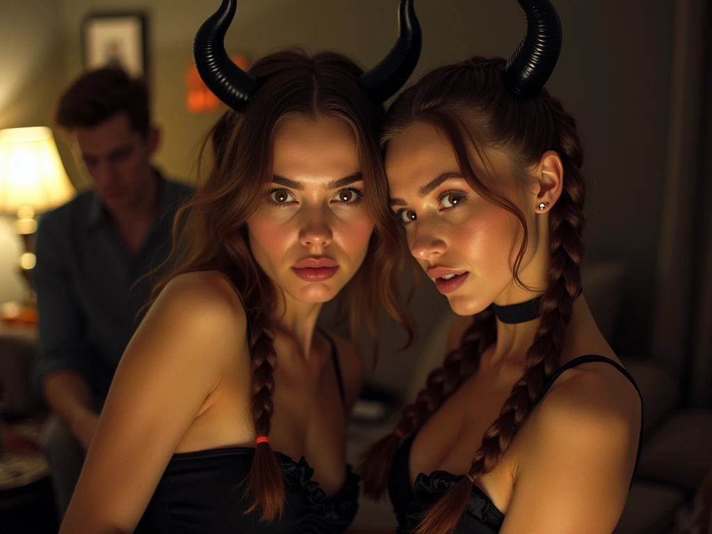 ((masterpiece,best quality)),wallpaper,HDR,high-definition,[[[[Intricate Details]]]],cinematic,photorealistic,2girls, Succubi, tail, horns, glowing eyes,  hugging, in bed