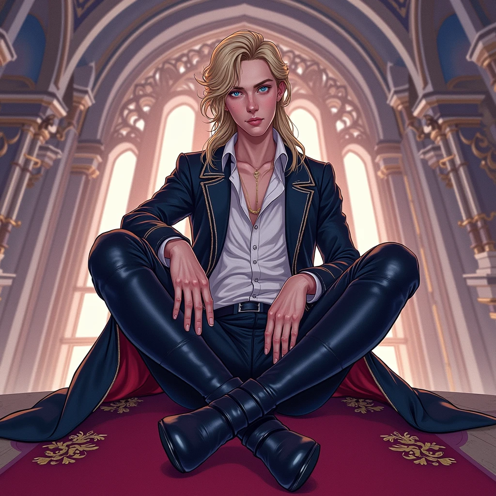 masterpiece、best quality、high resolution、Erwin Smith、solo、man、full body、hair slicked back、looking at viewer、Muscular、Blonde、Blue Eyes、Peel straight ahead、front open shirt、spread legs, sitthing、One chair、Gothic architecture、castle、Stained Glass Light、Black suit、Cape、38years old、((bends over))、(((ahegao)))、(long tongue)、Throne