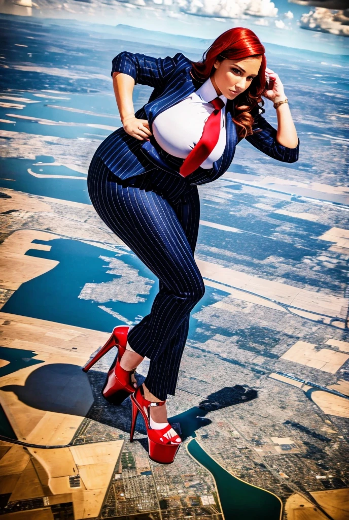 A sophisticated and stylish woman in a blue pinstriped trouser suit, white smart shirt, and a large thick paisley necktie in a windsor knot, with a beautiful, curvaceous figure, massive breasts, and long wavy bright red hair, with a curvaceous figure and massive breasts. wearing rounded platform high heels with uncovered feet, standing in a rampage-like pose, with a cityscape background of mega-city, urban sprawl, and small towns, giant montains, partially obscured by a hazy, cloudy atmosphere. The image is a high-resolution, masterpiece-quality, cinematic, ultra-detailed, and hyper-photorealistic photograph, with perfect hands, face, and lighting. ultra-detailed, 8K, photo-realistic, hyper-realistic, masterpiece, intricate details, full body view. Looking at camera, The image is a high-resolution, masterpiece-quality, cinematic, ultra-detailed, and hyper-photorealistic photograph, with perfect hands, face, and lighting. ultra-detailed, 8K, photo-realistic, hyper-realistic, masterpiece, intricate details, full body view