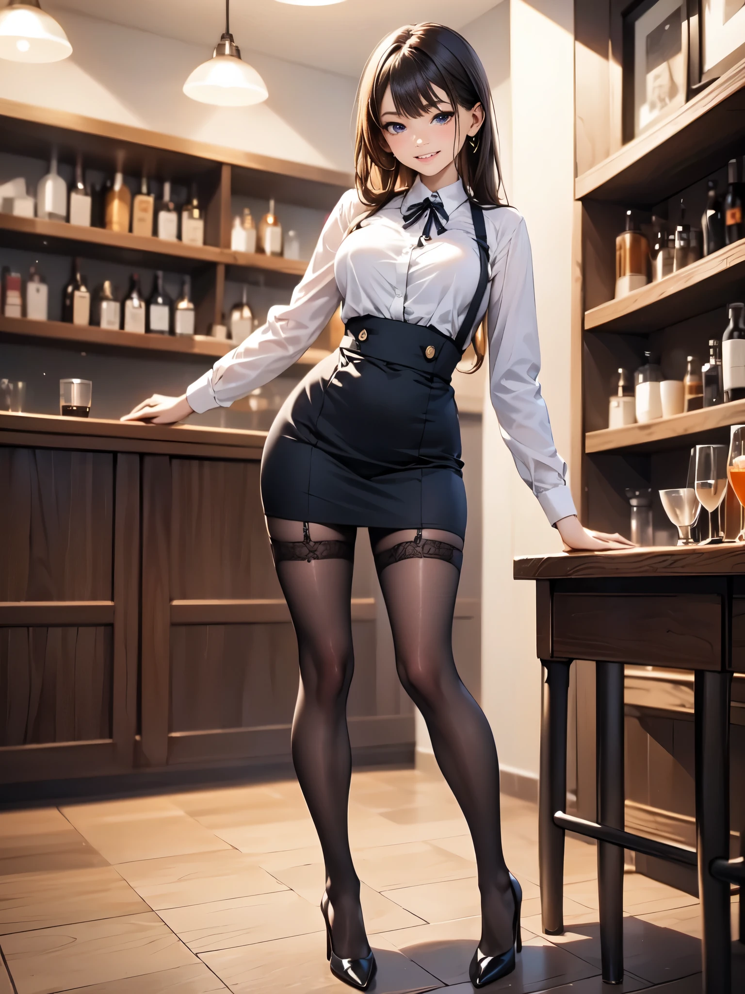 (((masterpiece, Highest quality, High resolution, 超High resolution, Perfect Pixel, Depth of written boundary, 4K, RTTX 10.0))), Beautiful Anime Woman, Beautiful art style, Anime characters, ((Smooth texture, Realistic texture, Anime CG Style)), Exact finger count、Exact number of legs、(Exact number of arms:1.0, Exact number of hands:1.0), (Perfect hands, Perfect Anatomy), Cinematic, Realistic, Extremely detailed CG, Daytime lighting, Perfect lighting, Best Shadow, The best natural light, whole body, Perfect body, Slender body, ((bangs, Dark reddish brown hair, Stylish and cute twin tail hairstyle), Long Hair), (Detailed face, Cute Face), (A grown woman standing with her own hand lifting up her skirt:1.7), (black and white maid outfit, Frilled maid outfit, Knee socks, pumps:1.3)、Angle from the front, ((セクシーでかわいいBlue panties:1.3), (Glossy satin panties, Side-tie panties, Lace panties:1.3), (Blue panties, garter belt:1.3)), (Beautiful big boobs), (Beautiful and thin thighs:1.3), Feeling embarrassed, (blush:1.2), (Very embarrassed look:1.5), (maid Cafe, Tables and chairs, Many male customers in the background, The male customers are chatting:1.4)