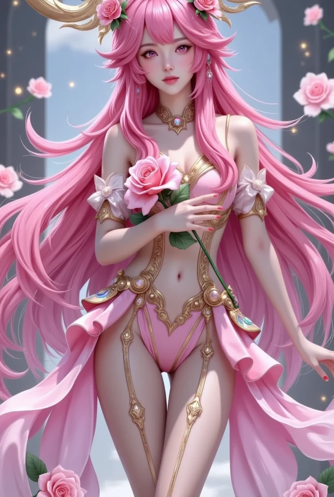 a beautiful pink-haired woman in a pink dress, flowing dress, thigh-high stockings, pink roses, elaborate headdress, holding a rose, charming anime girl, beautiful alluring anime woman, highly detailed, masterpiece, 8k, photorealistic, cinematic lighting, volumetric lighting, fantasy, elegant, magical, mystical, intricate details, porcelain skin, deep eyes, delicate features, dynamic pose, fine art portrait