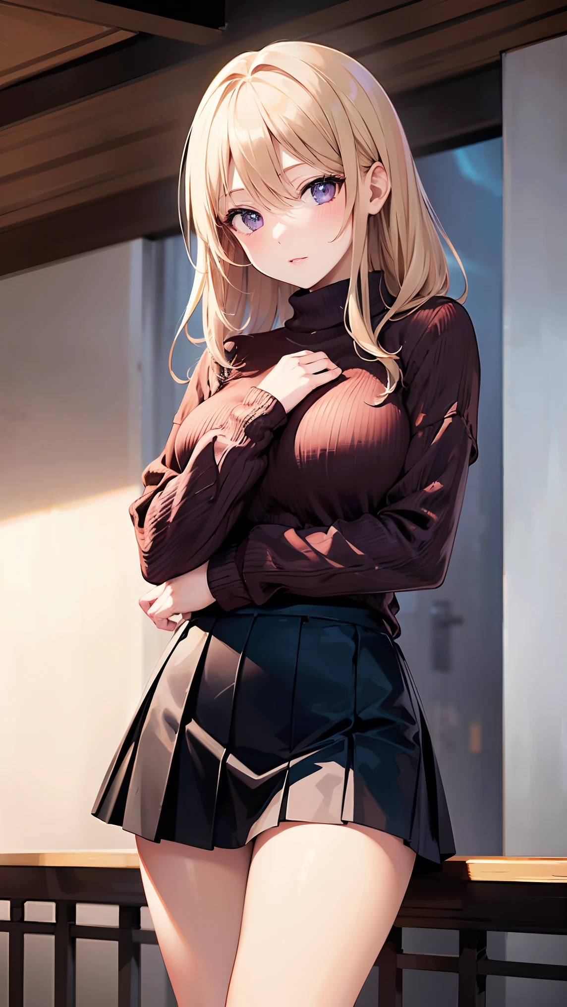 8k high resolution (Super detailed), masterpiece, (Best Quality)　 Anime Illustration 　 detailed eyes on board,  detailed face　 detailed hands　Fine hair　 very elaborate body、 fine skin 　 1 girl　Horse Girl_Karen Chan　(everyday wear, sweater, skirt)　Horse&#39;s ears　 Ano Jirio　 look here 　Big Breasts　 viewed from obliquely below