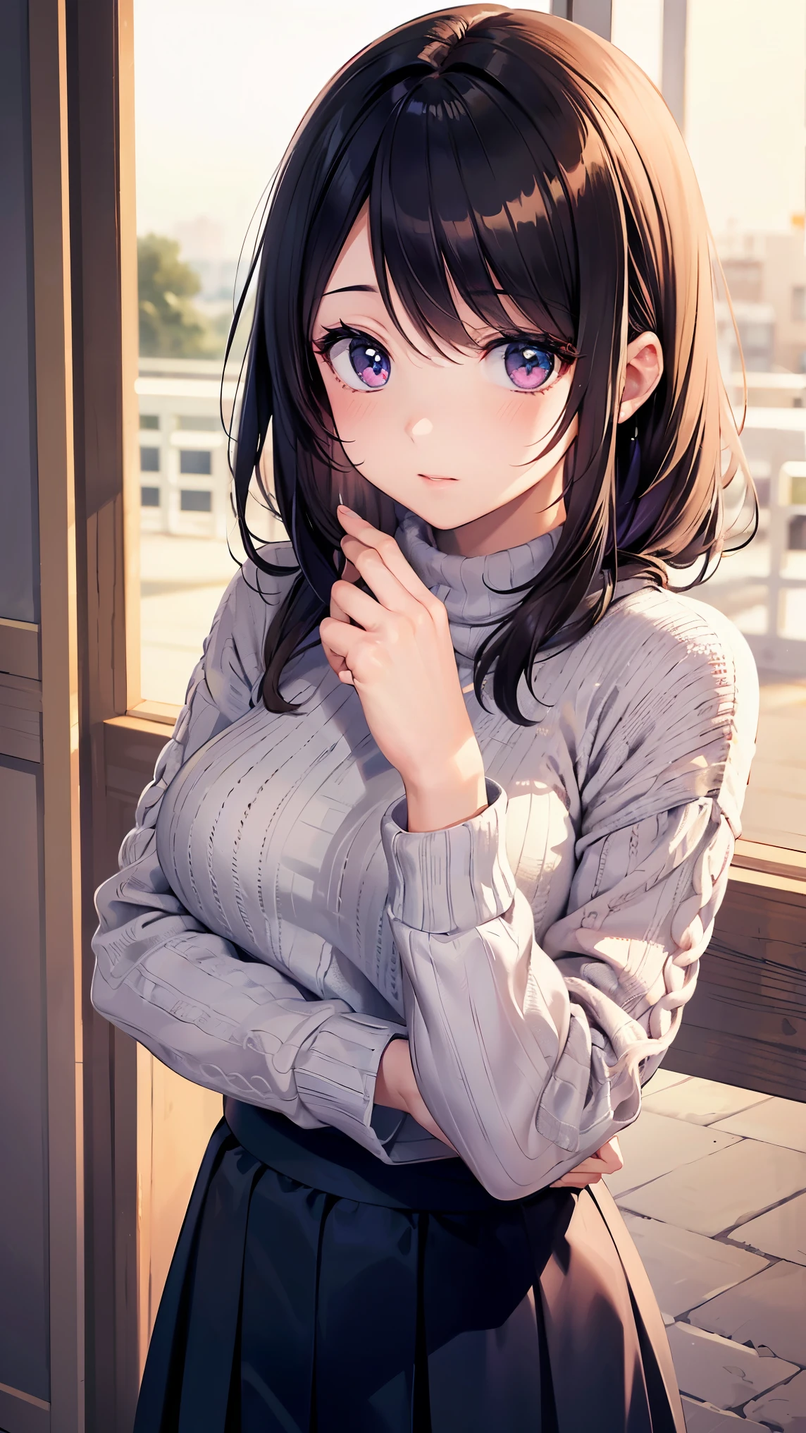 8k high resolution (Super detailed), masterpiece, (Best Quality)　 Anime Illustration 　 detailed eyes on board,  detailed face　 detailed hands　Fine hair　 very elaborate body、 fine skin 　 1 girl　Horse Girl_Karen Chan　(everyday wear, sweater, skirt)　Horse&#39;s ears　 Ano Jirio　 look here 　Big Breasts　 viewed from obliquely below