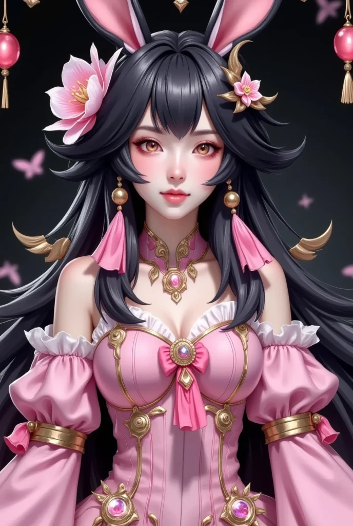 1girl, bangs, bare shoulders, black background, black hair, blunt bangs, bow, breasts, brown eyes, cleavage, closed mouth, cowboy shot, detached sleeves, dress, earrings, flower, frills, gem, gloves, gradient, hair ornament, holding, jewelry, lamp, leotard, lipstick, long hair, long sleeves, looking at viewer, makeup, medium breasts, pink dress, puffy sleeves, rabbit ears, see-through, solo, staff, standing, tassel, wide sleeves