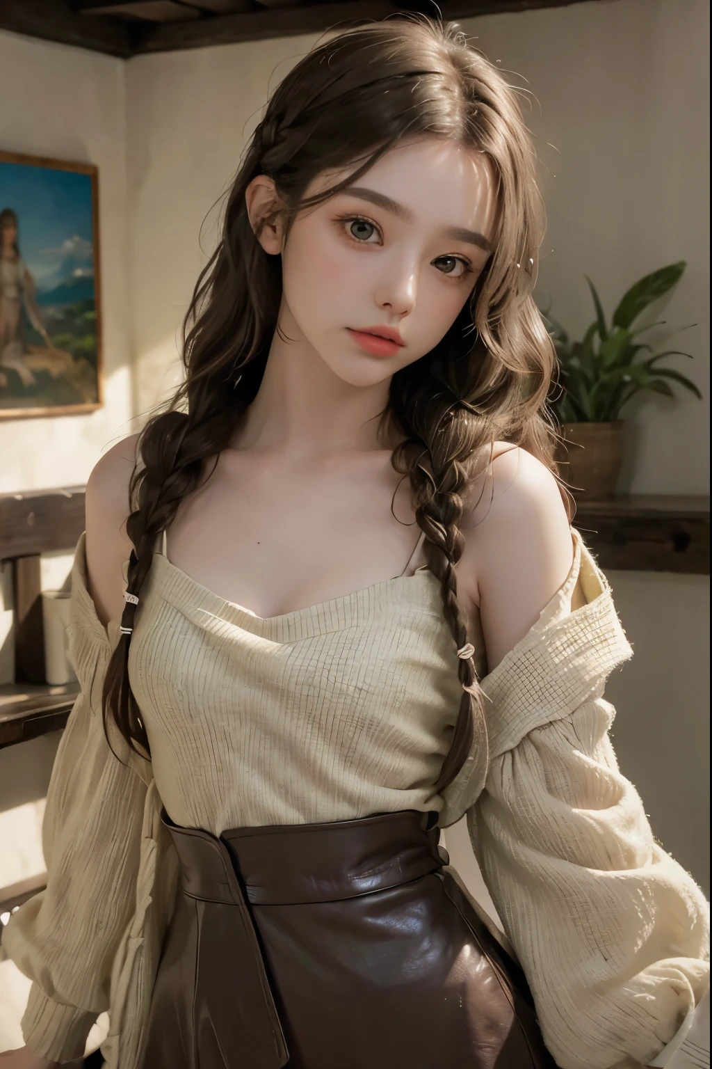 1 girl, solo, cute, looking at viewer, beautiful body, blush, (brown short crown braided wavy hair), (small breast), (green eyes), very life-like eyes, stylish casual outfit, medieval leather tunic brown, coconut fiber clothing, beautiful environment, highly detailed, masterpiece, best quality, highest quality, high resolution, (masterpiece:1.2), realistic lighting, incredible lighting