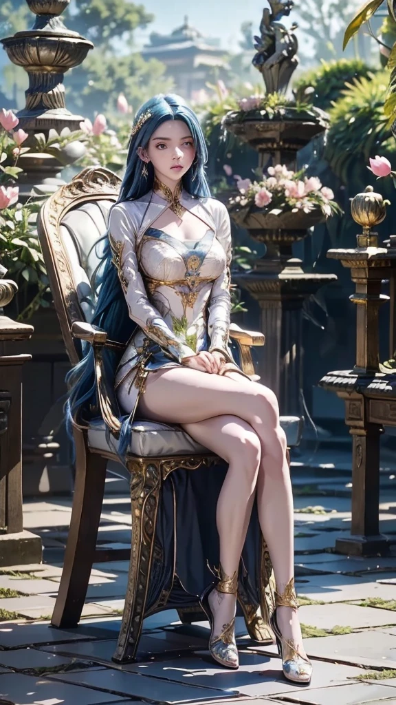 The image shows a young woman with long blue hair sitting on a throne in a garden. She is wearing a white and blue outfit with intricate details and gold accents. The outfit has a high neckline and long sleeves, and she is holding a sword in her right hand. The woman is sitting on the throne with her legs crossed and her hands resting on her lap. She has a serious expression on her face and is looking directly at the camera.

The background of the image is filled with lush greenery, including trees, plants, and flowers, as well as a fountain and a statue. The floor is made of stone tiles, and there are pink lotus flowers scattered around the scene. The overall atmosphere is peaceful and serene.