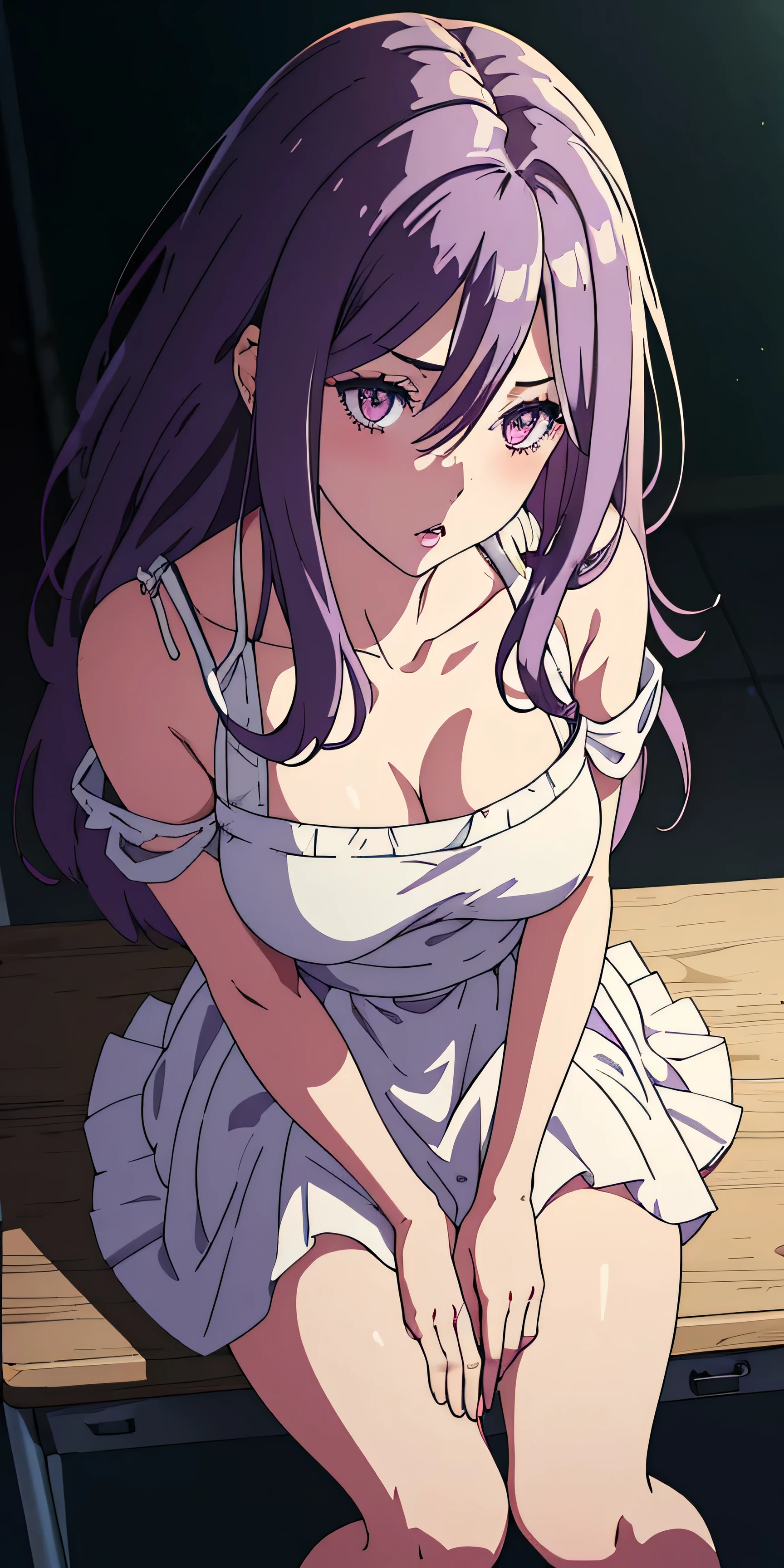 1girl, tokime, purple eyes, purple hair, parted lips, blush, makeup, provoking, sitting, white dress, bare shoulders, classroom, light rays, glow, thighs, collarbone, narrow waist, (masterpiece), wallpaper, wide angle, from above