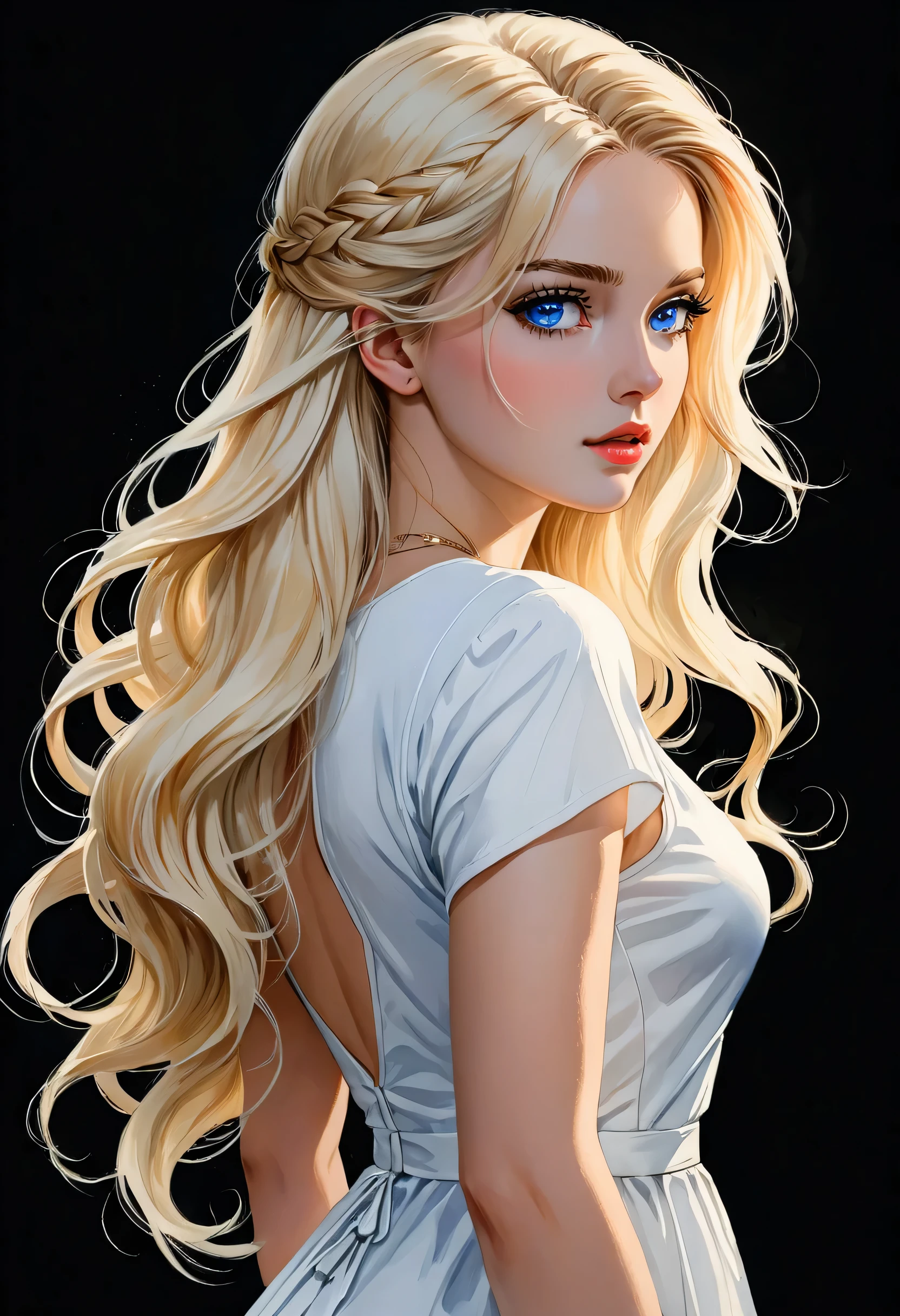 Masterpiece, ultra detailed, portrait, solo, 1girl, ohwx woman, white skin, long hair, blond hair, gorgeous, blue eyes, wearing white dress, art by Enki Bilal, watercolor, DeviantArt, high resolution, worry, look behind her shoulder, black background, simple background, talking 