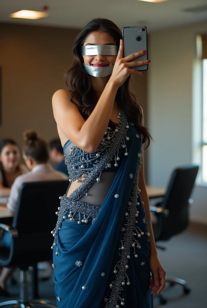 Aesthetic Indian Girl blindfolded Duct tape gagged in sexy silver shimmering prom saree Taking selfie