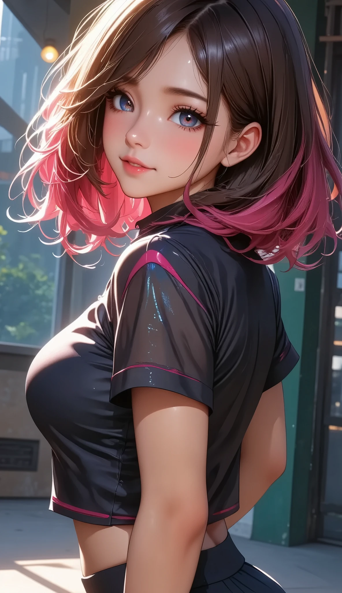  1 girl,  young woman, Sports Gym,  is standing, smile,  Beautiful Eyes in Every Detail , Beautiful lips down to the last detail,  Extremely Fine Eyes and Face ,  long eyelashes , Big Breasts, Show me my cleavage, slouch,  Sportswear Setup :1.2, Colourful Clothing , anime:1.2, CG illustration,  intricate details,  cinematic lighting ,  Soft Focus :1.2,  bright colors, Soft bokeh background ,  digital art,  concept art style , masterpiece.