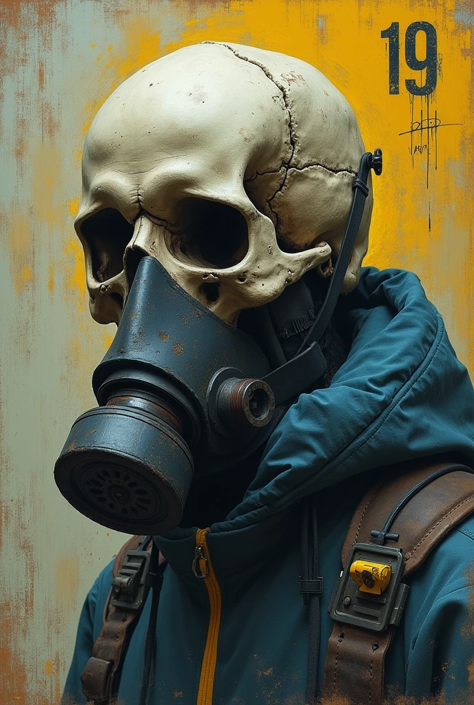 Features :
A skull with a gas mask
Yellow and blue colors 
The number 19 
Q say mt-artes
Old style
With airbrush with paint 