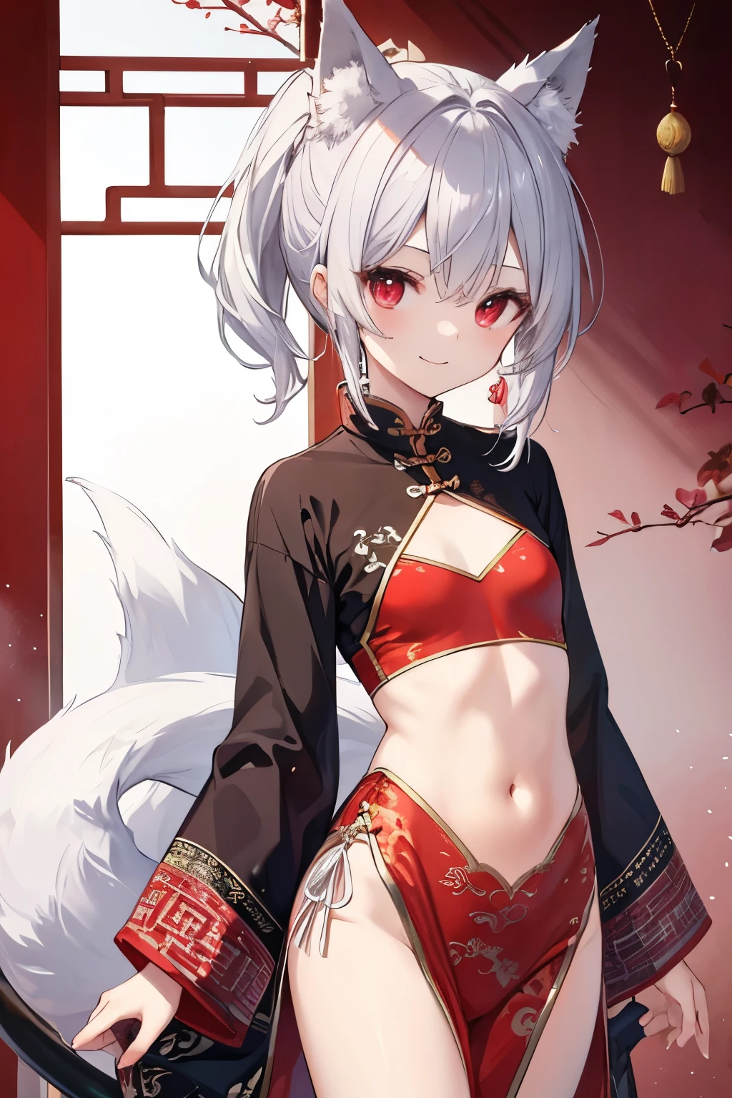 1girl、(((best quality)), ((masterpiece)), (details), masterpiece, best quality, high quality, ulutra detailed, perfect face, ((1girl, blue eyes, cat ears: 1.3 silver bob hair: 2.5,)) and ((Big white wolf:2.1)) 、Shiny Hair、Glowing Skin、blush、Lustful look、Small breasts,Sidetiletto heels、China dress、Alluring expression,Chinese gorgeous outdoor background、