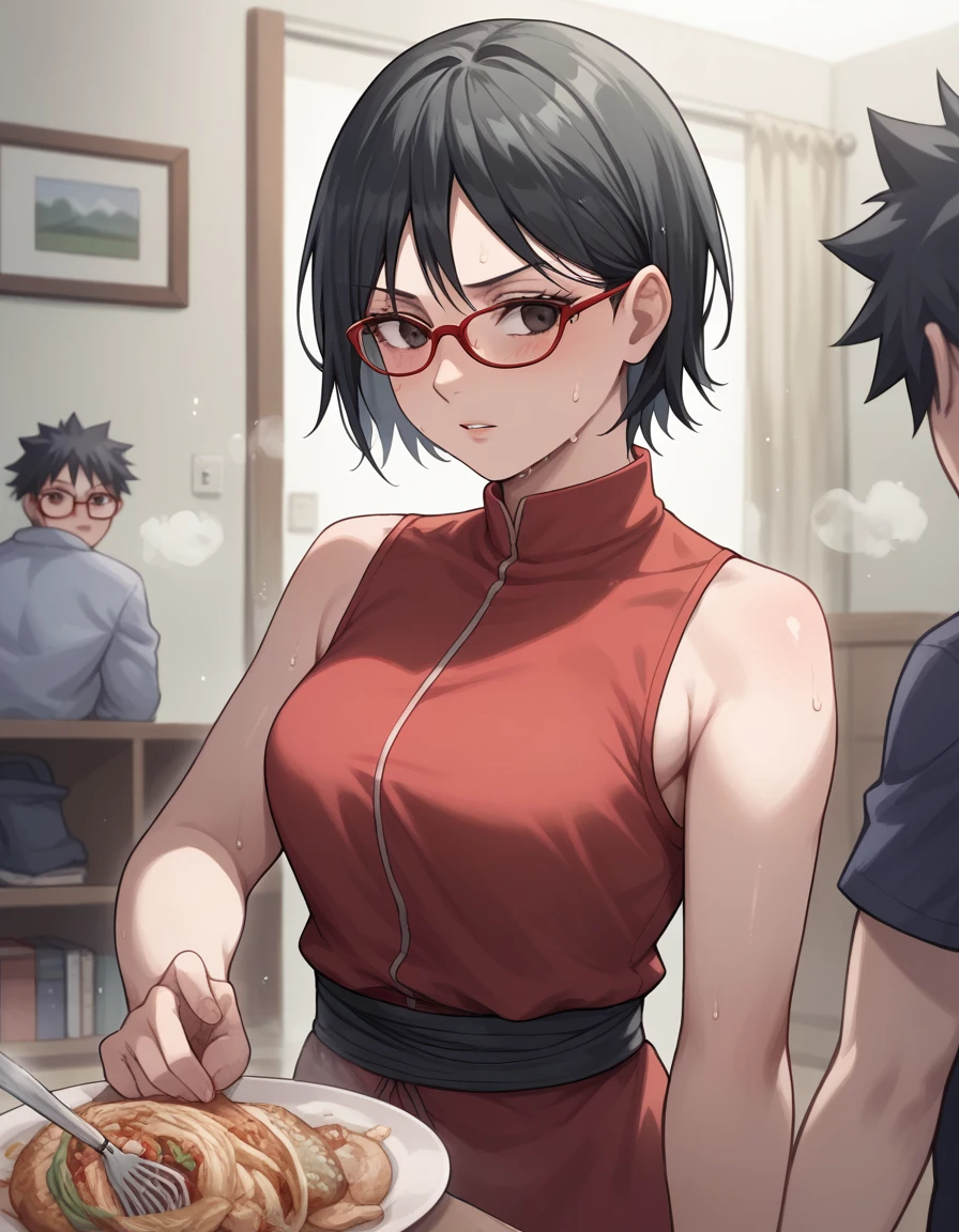  salad Uchiha,  short hair ,  Black Hair ,  dark eyes, Red-rimmed glasses, Glasses,  Sweep Bang,,(side，side，side sweat，sideの皺:1.3),room， bedroom，(steam，steamimg:1.1)，  red dress 