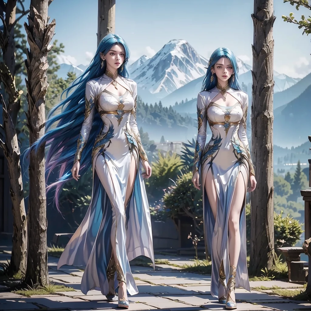 The image is a digital illustration of a young woman with blue hair and a fierce expression on her face. She is standing in front of a beautiful landscape with trees and mountains in the background. The woman is wearing a long, flowing white dress with intricate gold and blue designs on the bodice and sleeves. The dress has a high neckline and long sleeves, and the sleeves are decorated with a dragon-like pattern. She has a gold necklace and earrings, and her hair is styled in a sleek, straight look. The overall mood of the image is mystical and powerful.