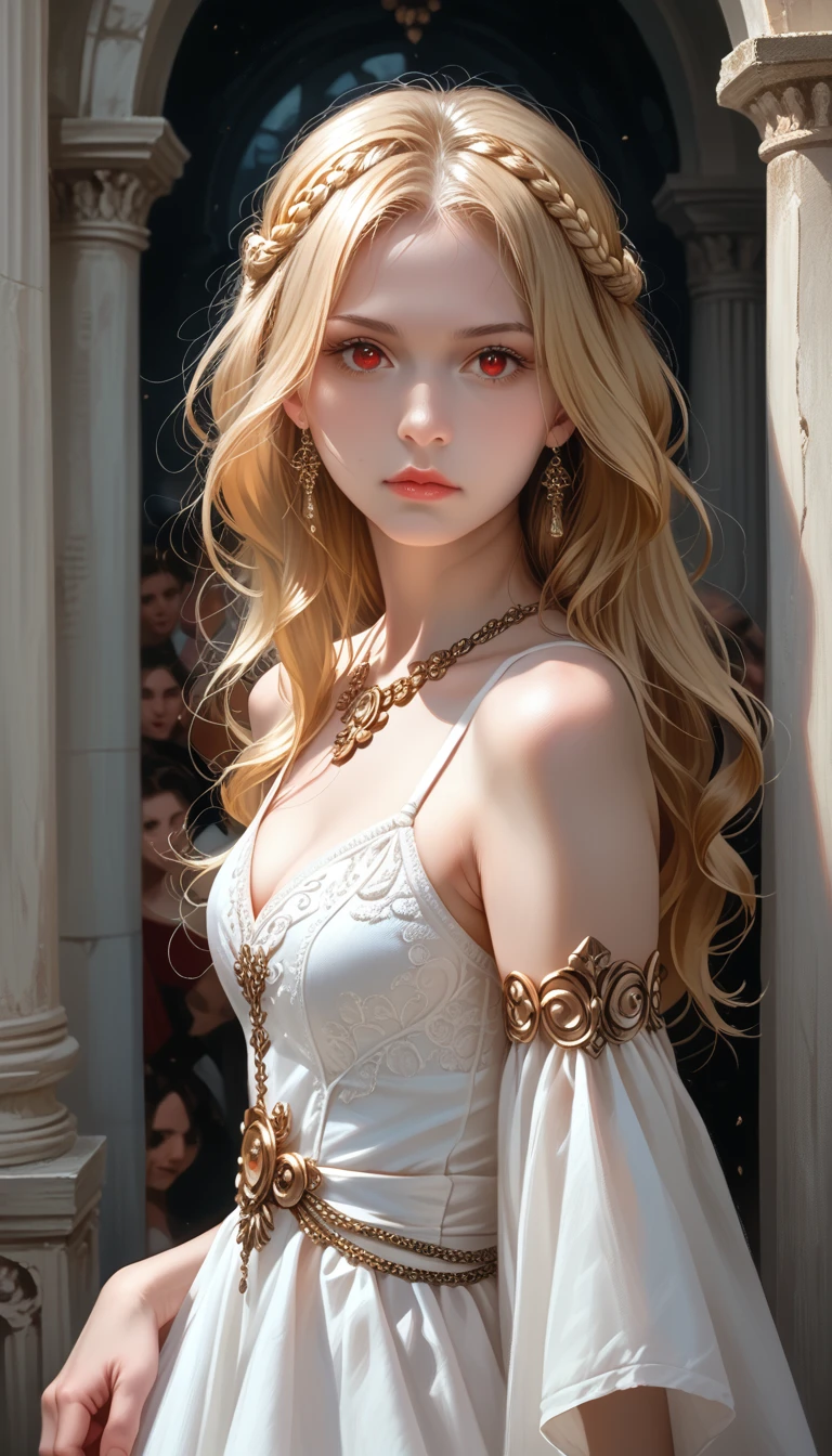 detailed portrait of a beautiful young woman, greek goddess pandora, long blonde hair, cute, red eyes, greek mythology, night shrouded in darkness elegant dress, detailed facial features, realistic, photorealistic, ultra-detailed, 8k, best quality, masterpiece, dark color palette, intricate ornate jewelry, dramatic pose, ethereal atmosphere