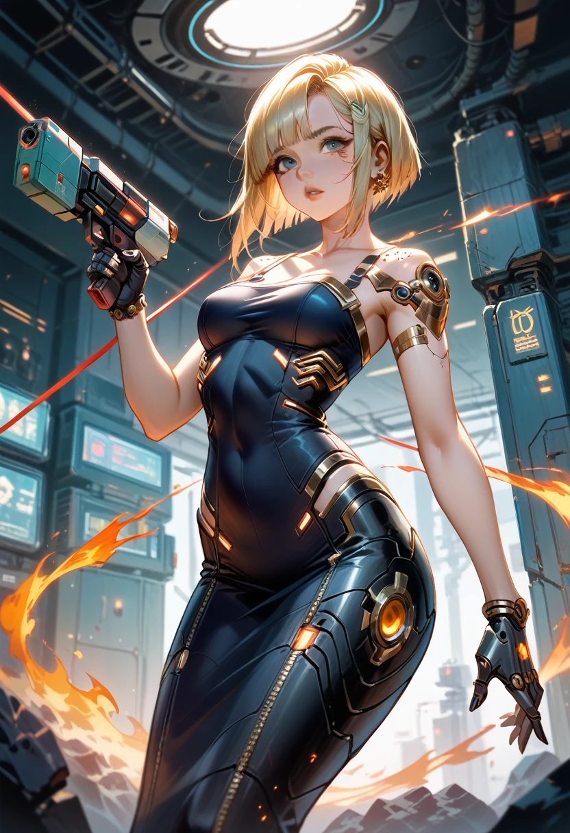 ((ultra realisitic)), ((picture-perfect)), ((face perfect)), ((ultra detaild)), ((fully body)), ((perfectbody)), a young woman who is dressed in a tank top and shorts. Her short hair reaches her shoulders and consists of blonde and black strips.. Above her left eye was a lightning bolt hairpin., she also has vertical slit pupils for her eyes